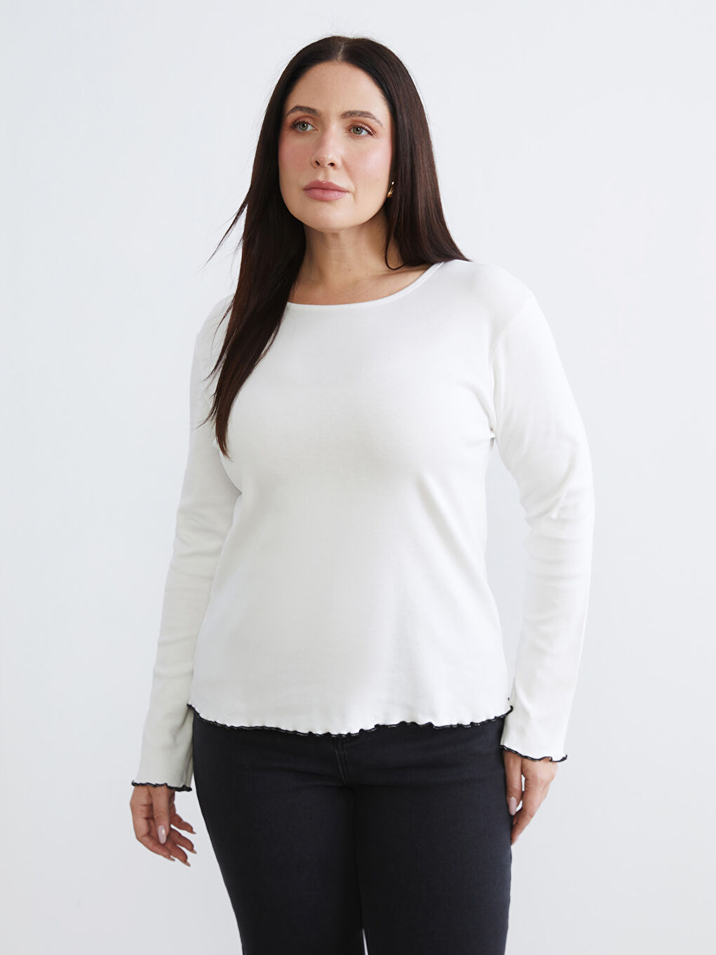 Siyah Büyük Beden Bisiklet Yaka Kadın Tişört 2'li-3