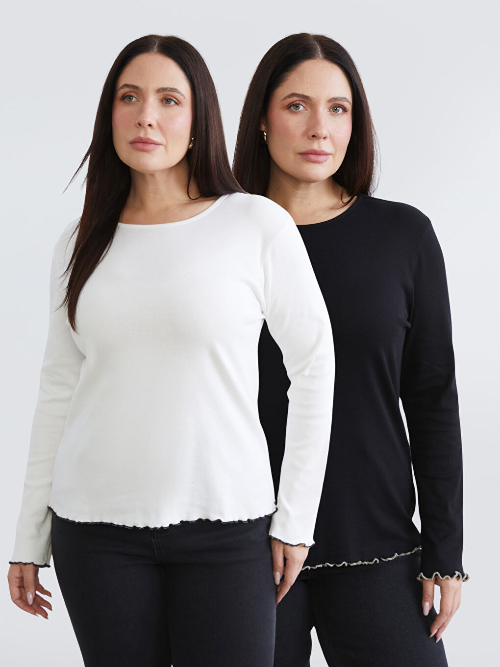 Siyah Büyük Beden Bisiklet Yaka Kadın Tişört 2'li-1