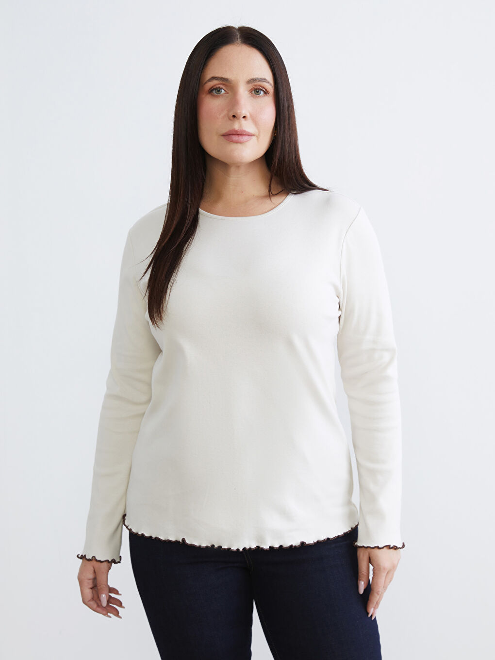 Kahverengi Büyük Beden Bisiklet Yaka Kadın Tişört 2'li-3