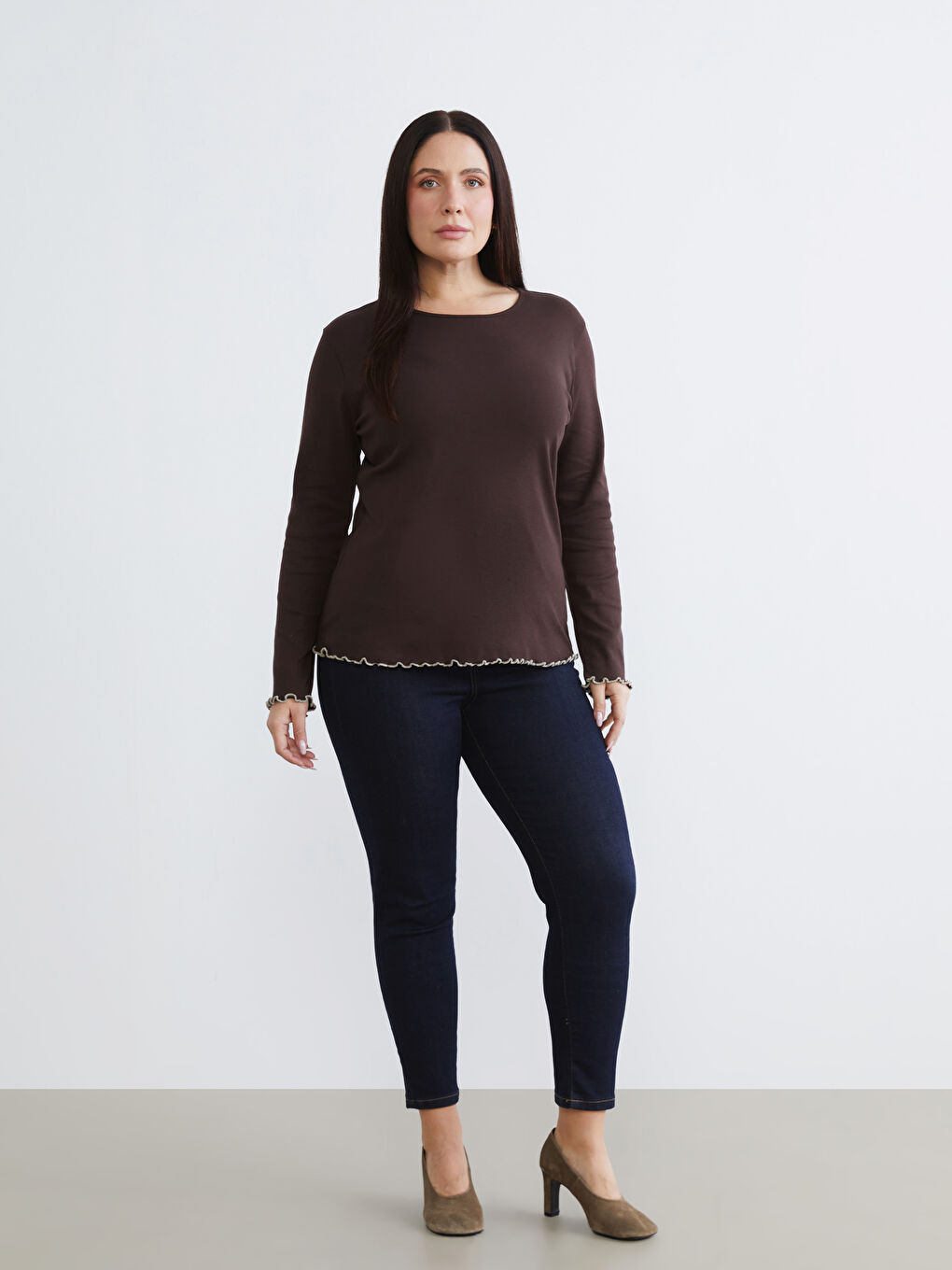 Kahverengi Büyük Beden Bisiklet Yaka Kadın Tişört 2'li-4