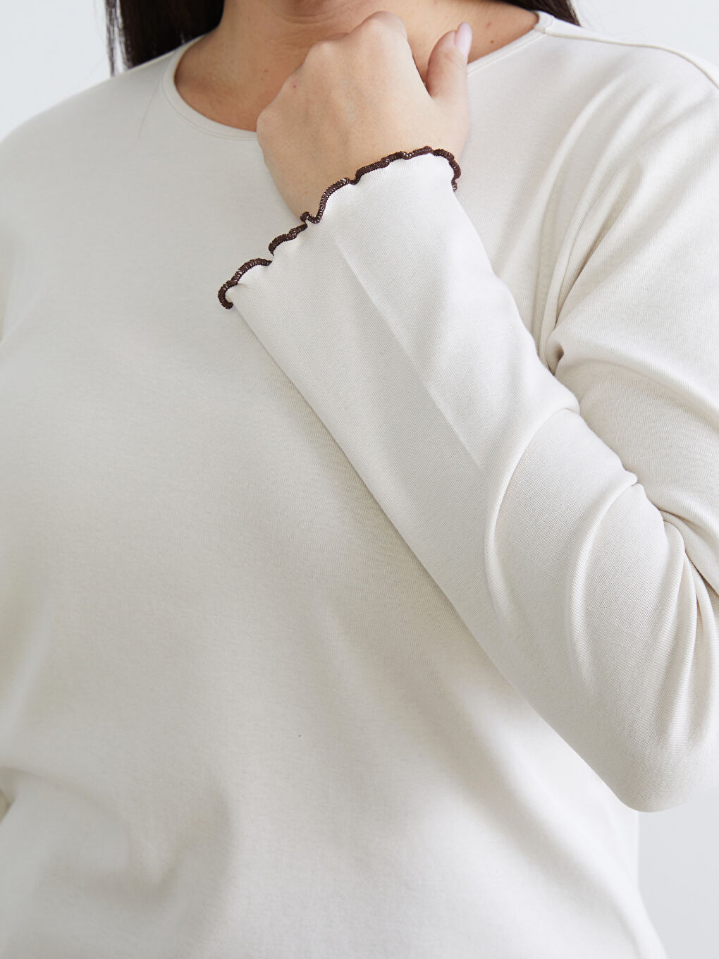 Kahverengi Büyük Beden Bisiklet Yaka Kadın Tişört 2'li-5