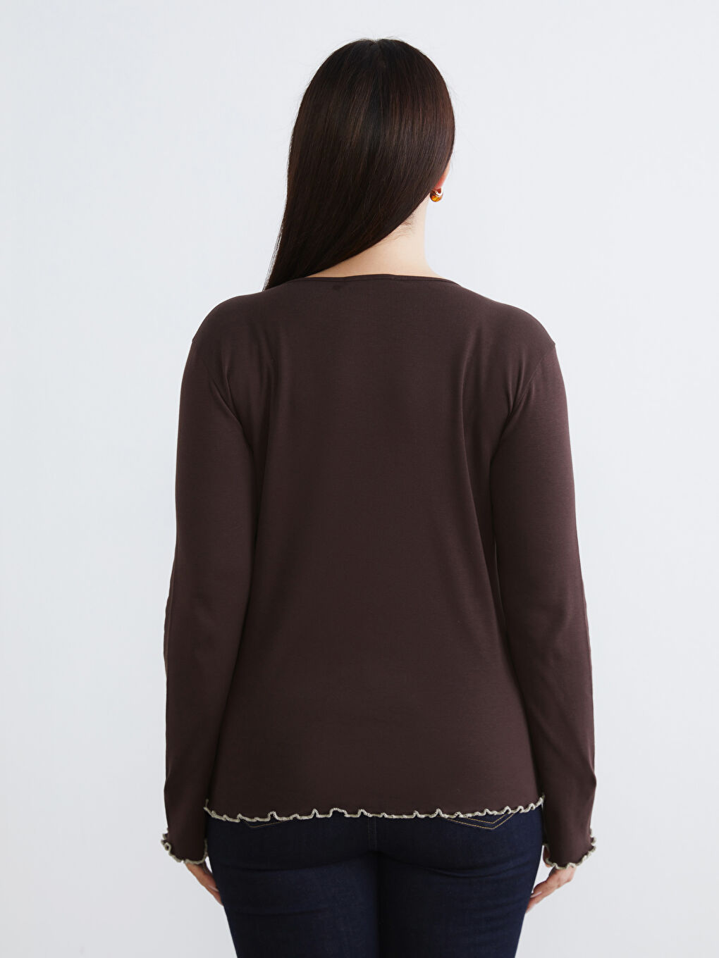 Kahverengi Büyük Beden Bisiklet Yaka Kadın Tişört 2'li-7