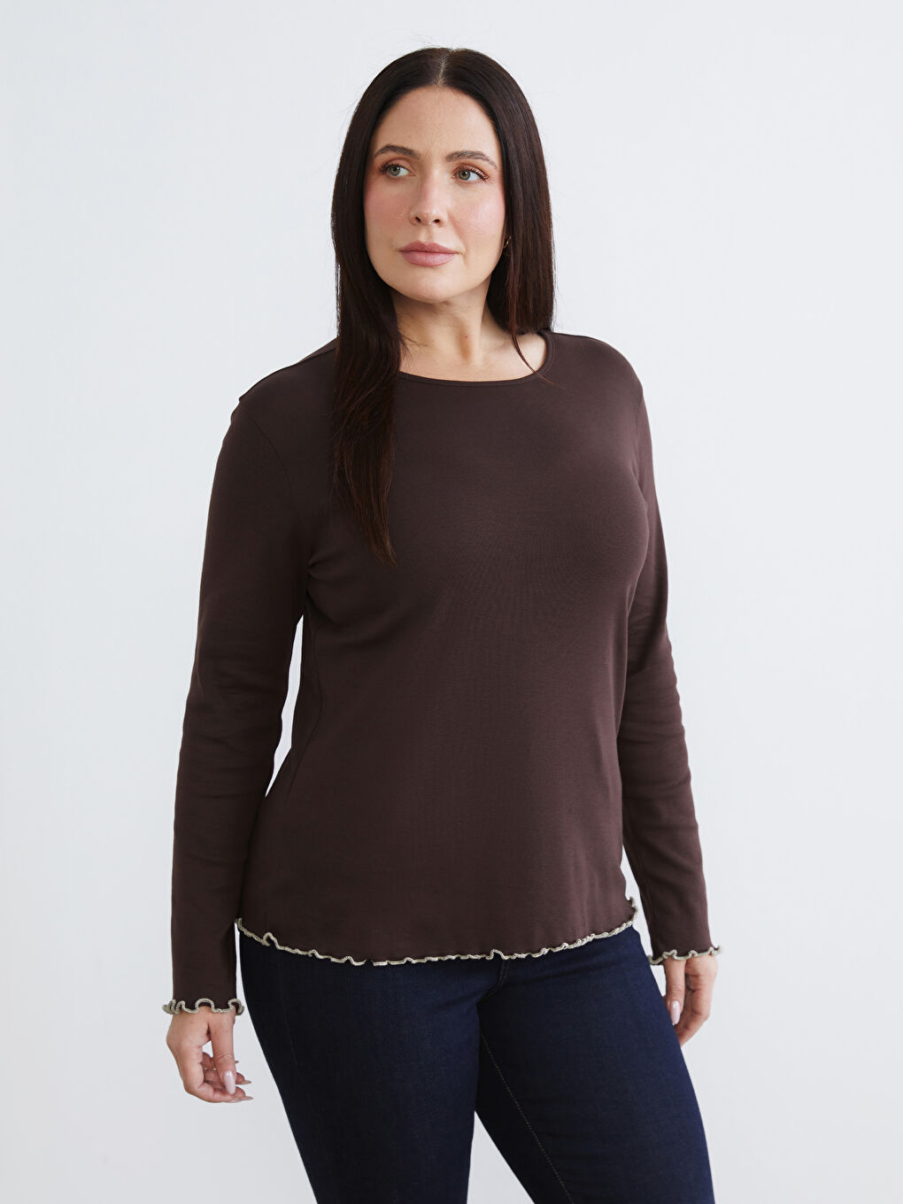 Kahverengi Büyük Beden Bisiklet Yaka Kadın Tişört 2'li-9