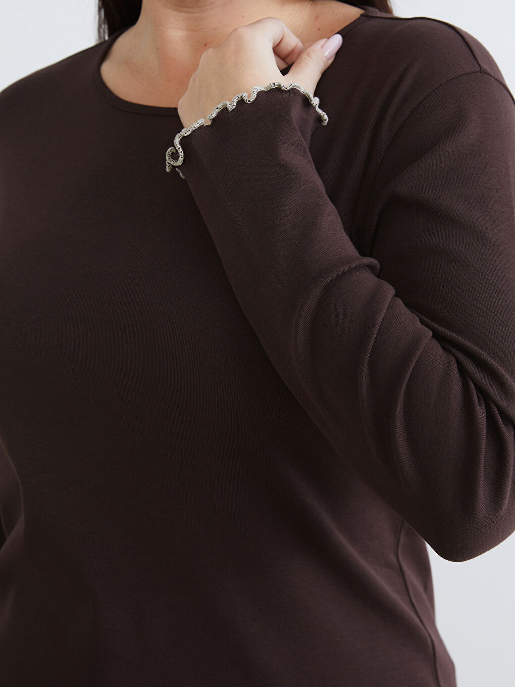 Kahverengi Büyük Beden Bisiklet Yaka Kadın Tişört 2'li-13