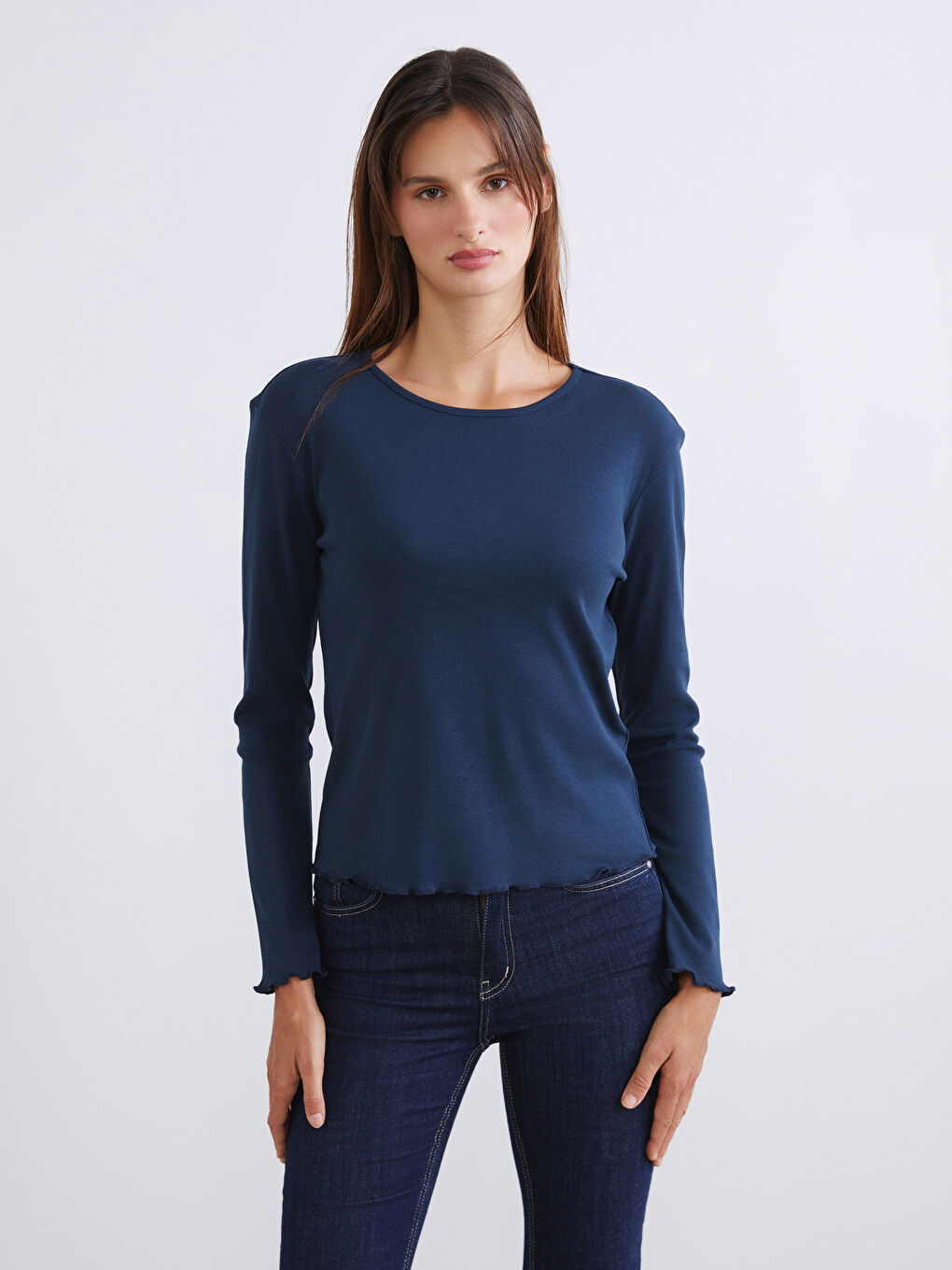 Lacivert Bisiklet Yaka Kadın Tişört 2'li-2