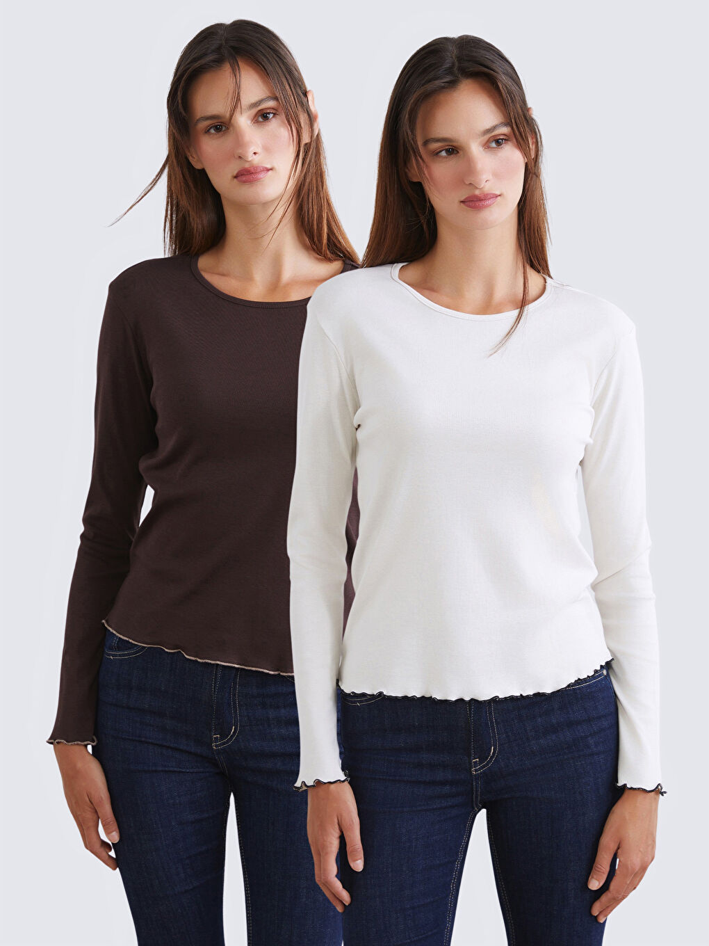 Kahverengi Bisiklet Yaka Kadın Tişört 2'li