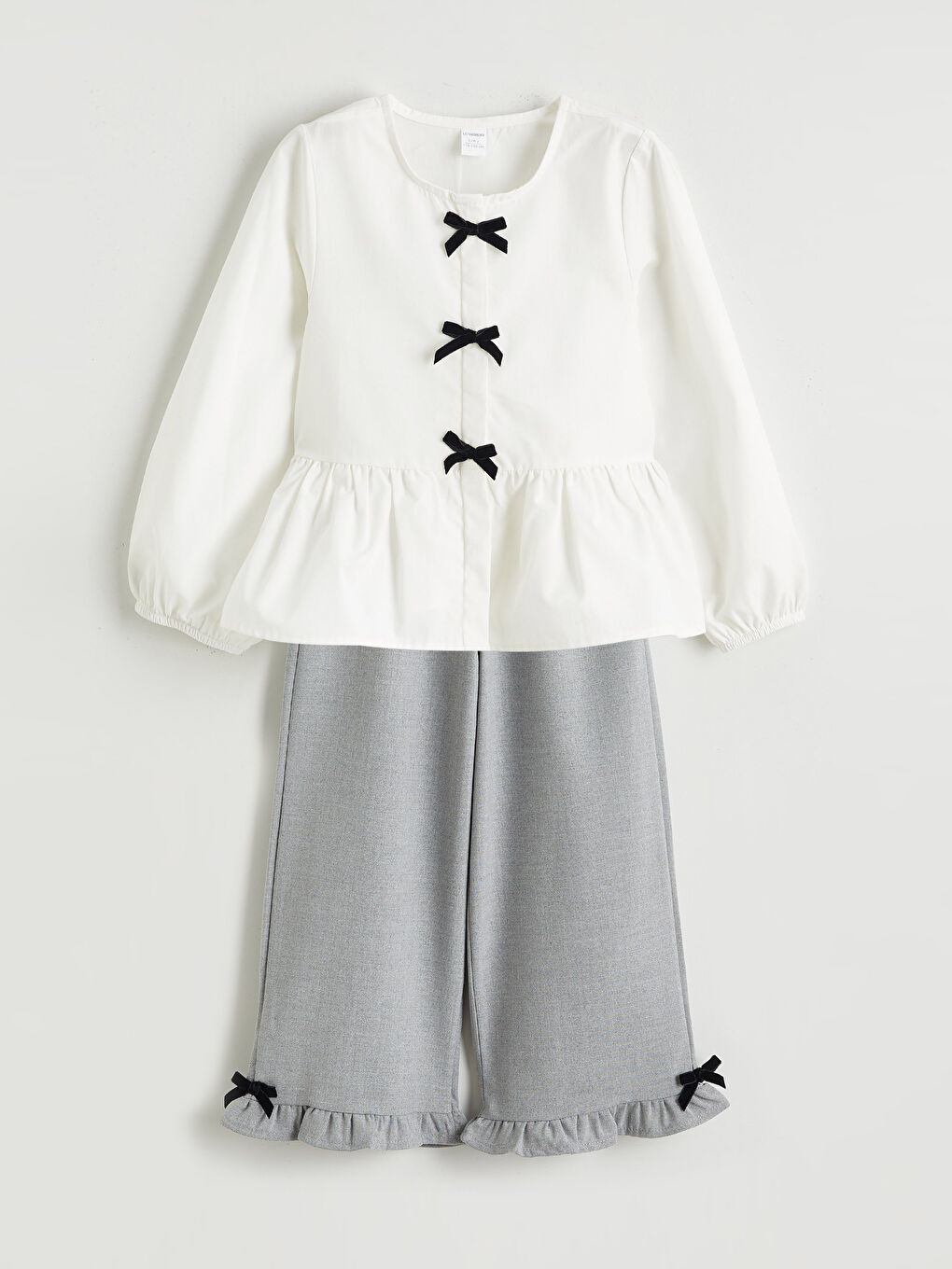 Ekru Fiyonk Detaylı Kız Çocuk Gömlek ve Pantolon