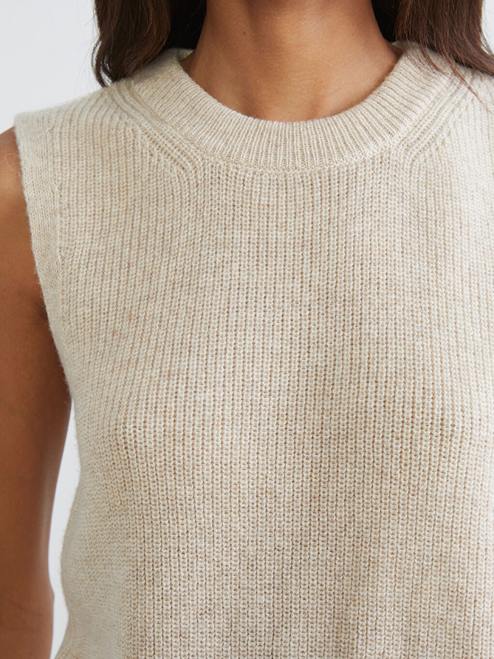 Bej Bisiklet Yaka Kadın Triko Süveter-2