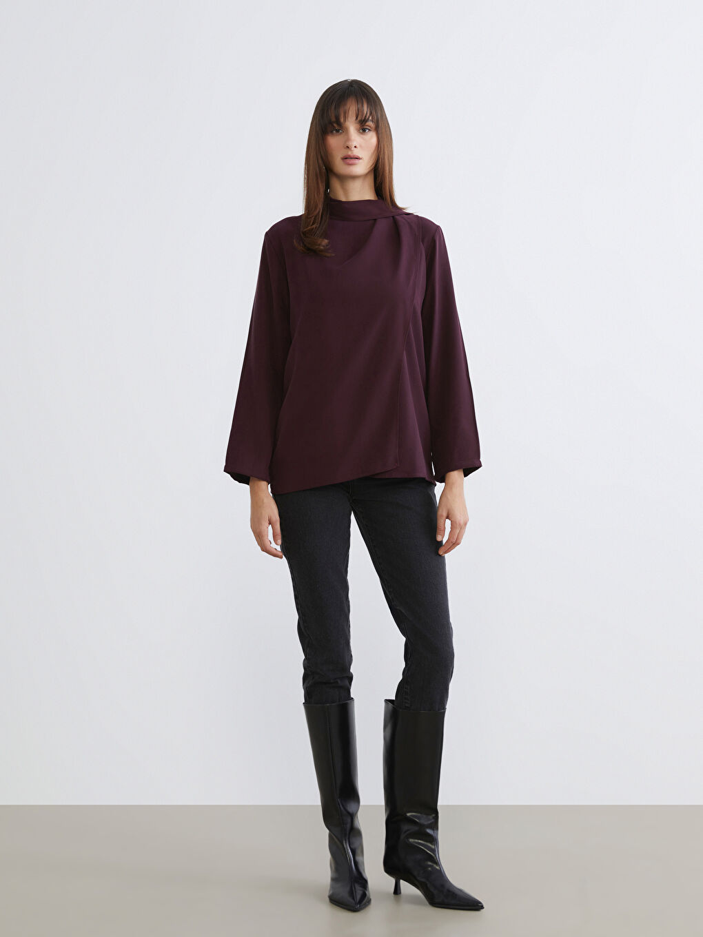 Bordo Şal Yaka Bluz-1