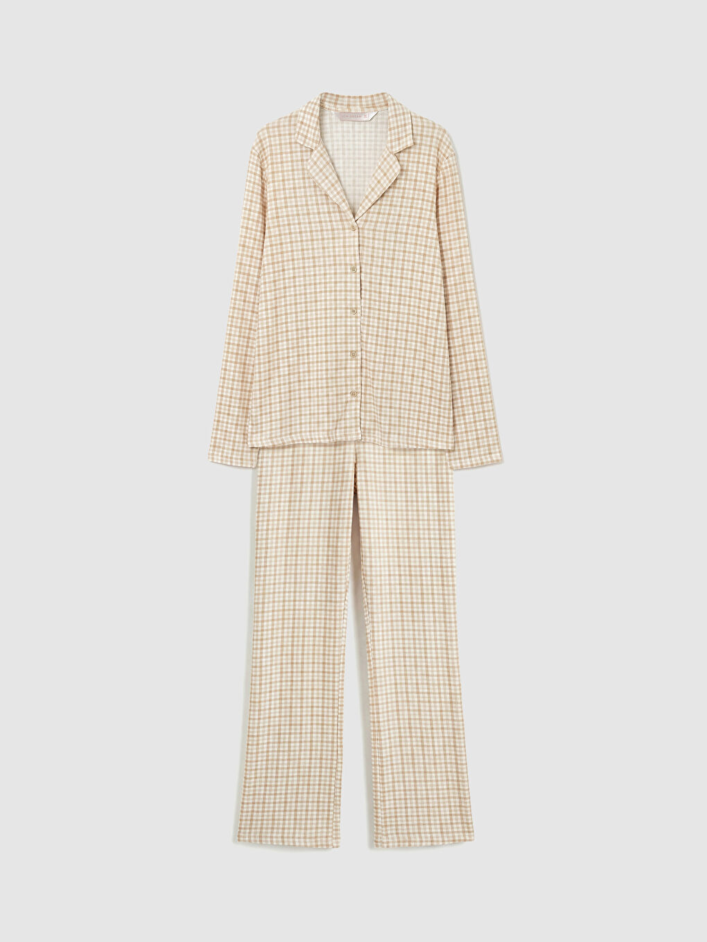 Kahverengi Gömlek Yaka Ekose Kadın Pijama Takımı-4