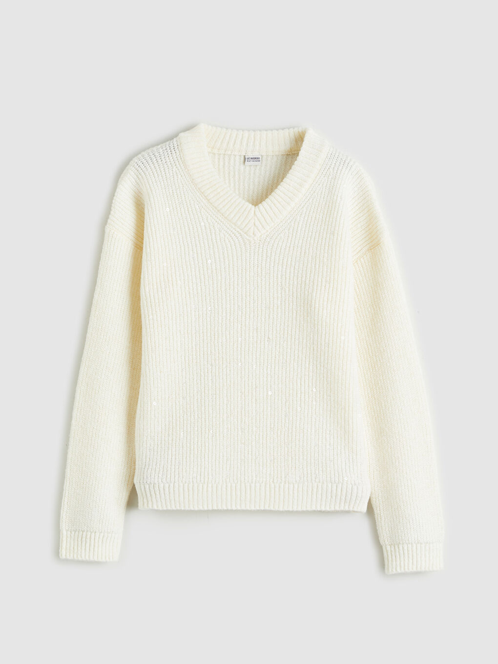 Ekru V Yaka Pul İşlemeli Kız Çocuk Triko Kazak