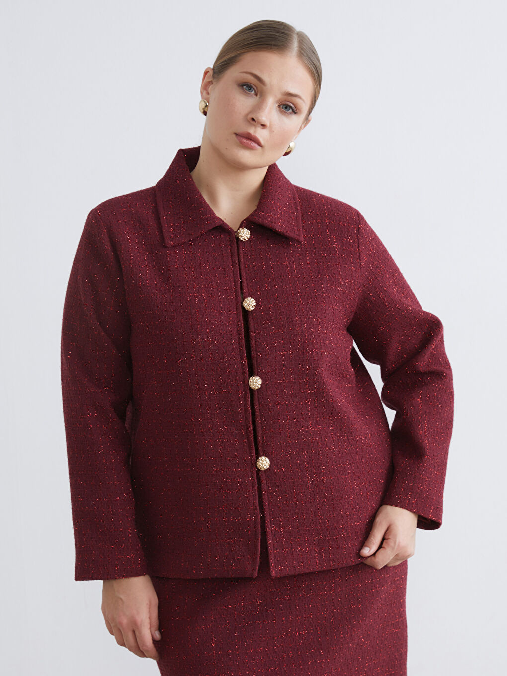 Bordo Büyük Beden Dokulu Kadın Tüvit Ceket