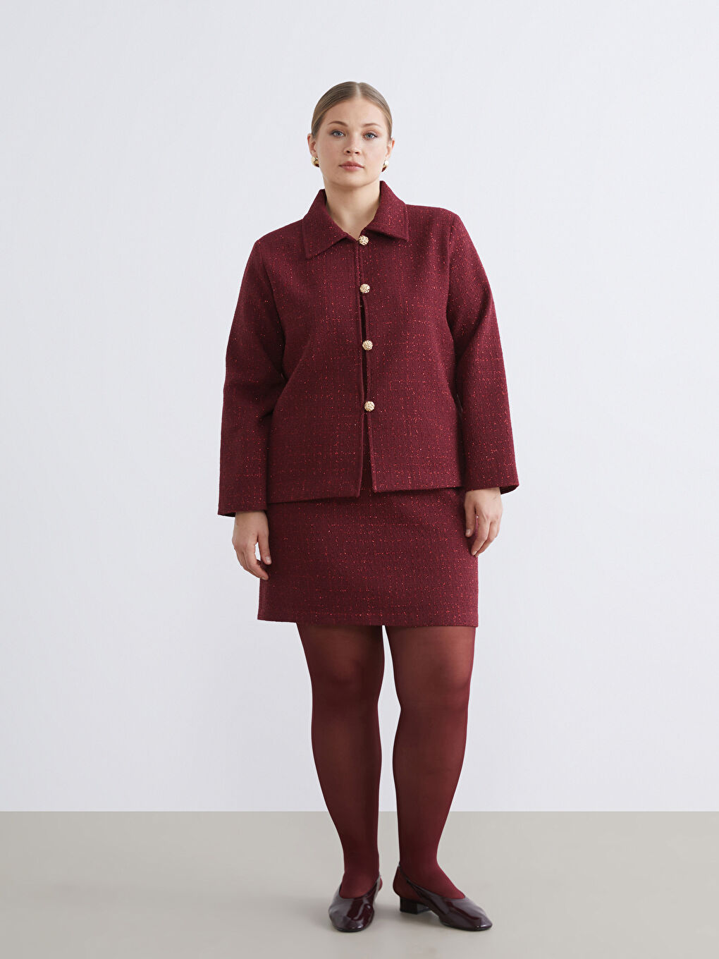 Bordo Büyük Beden Dokulu Kadın Tüvit Ceket-1