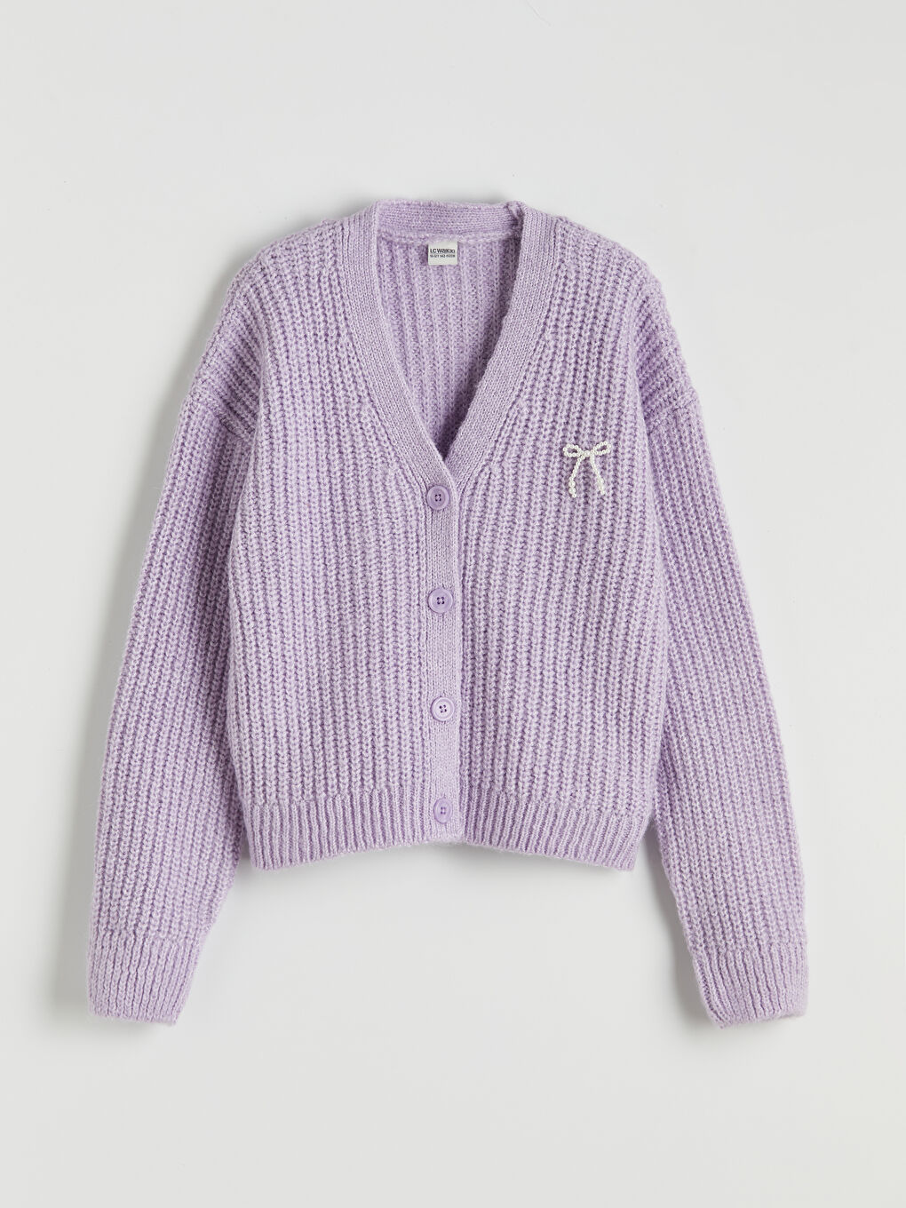 Lila V Yaka Fiyonk Taşlı Kız Çocuk Triko Hırka