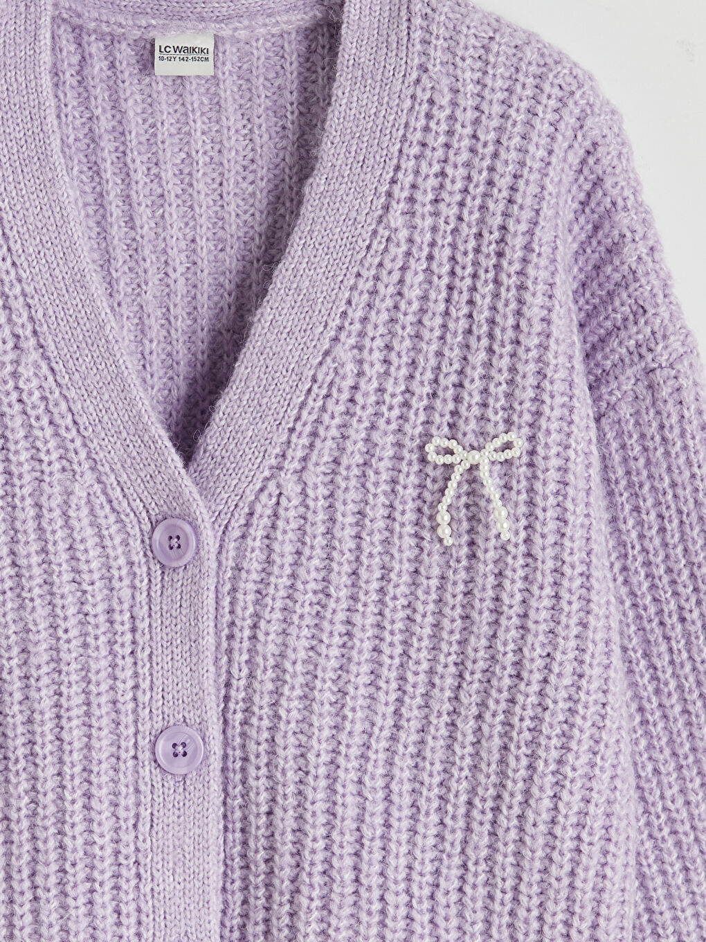 Lila V Yaka Fiyonk Taşlı Kız Çocuk Triko Hırka-2