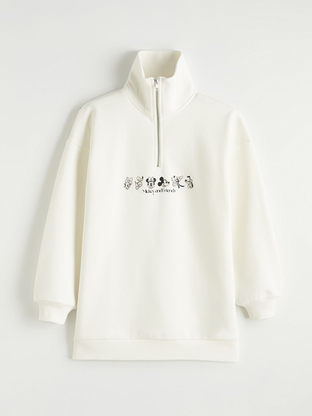 Ekru Mickey Mouse Baskılı Kadın Kalın Sweatshirt Tunik