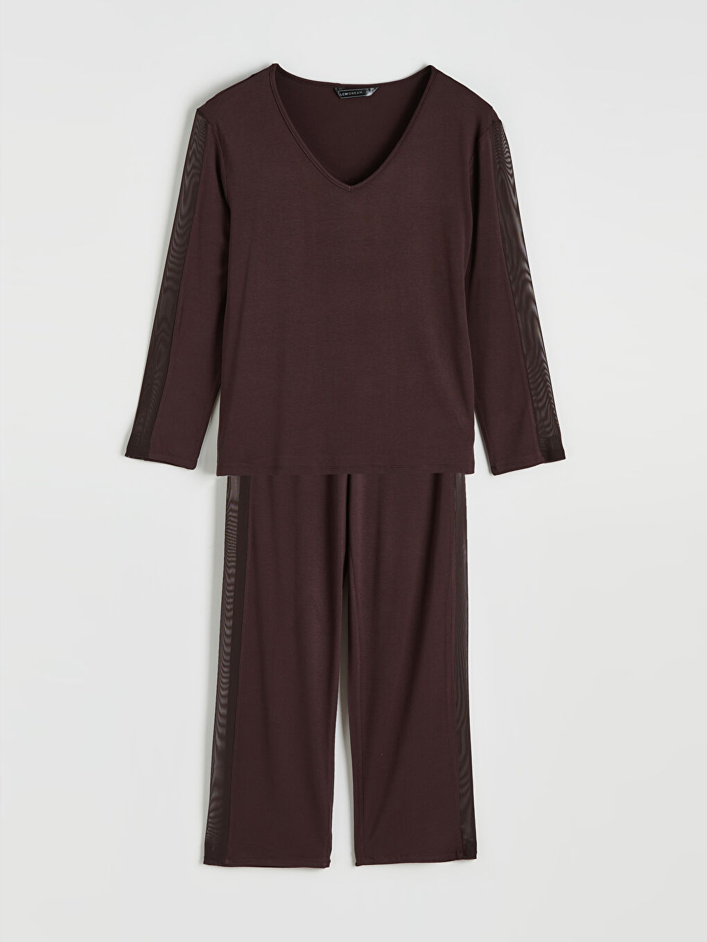 Kahverengi V Yaka Tül Detaylı Kadın Pijama Takımı