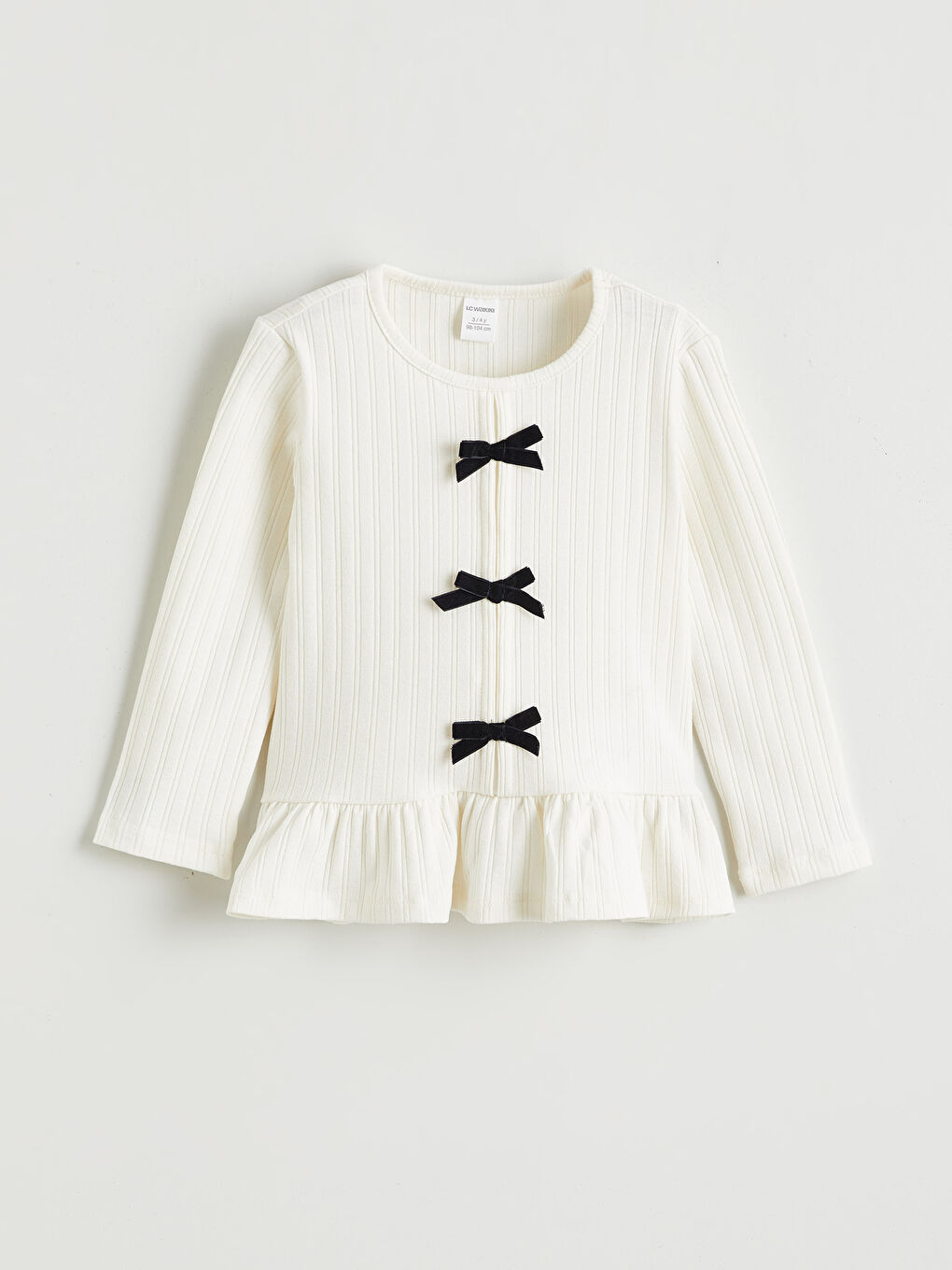 Ekru Bisiklet Yaka Fiyonk Detaylı Kız Çocuk Tişört