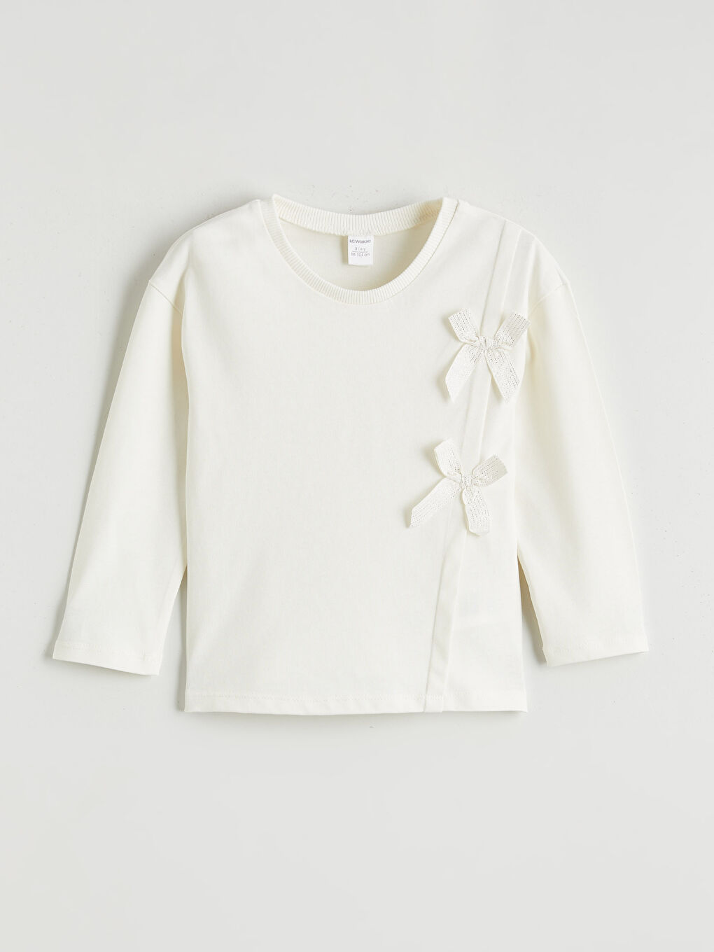 Ekru Bisiklet Yaka Fiyonk Detaylı Kız Çocuk Tişört