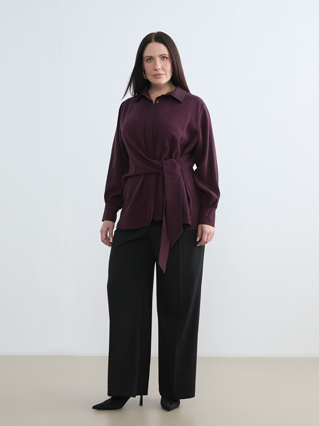 Bordo Bağlama Detaylı Modal Karışımlı Kadın Gömlek-1