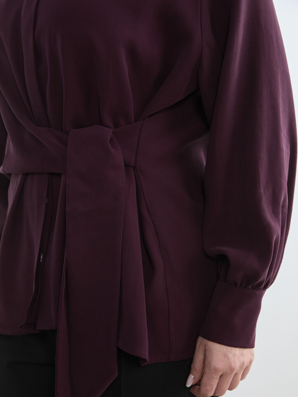 Bordo Bağlama Detaylı Modal Karışımlı Kadın Gömlek-2