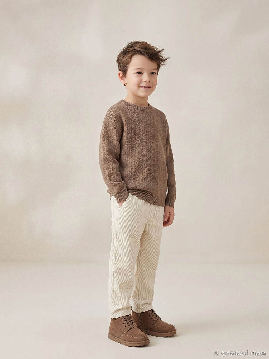 Ekru Beli Lastikli Erkek Çocuk Kadife Pantolon