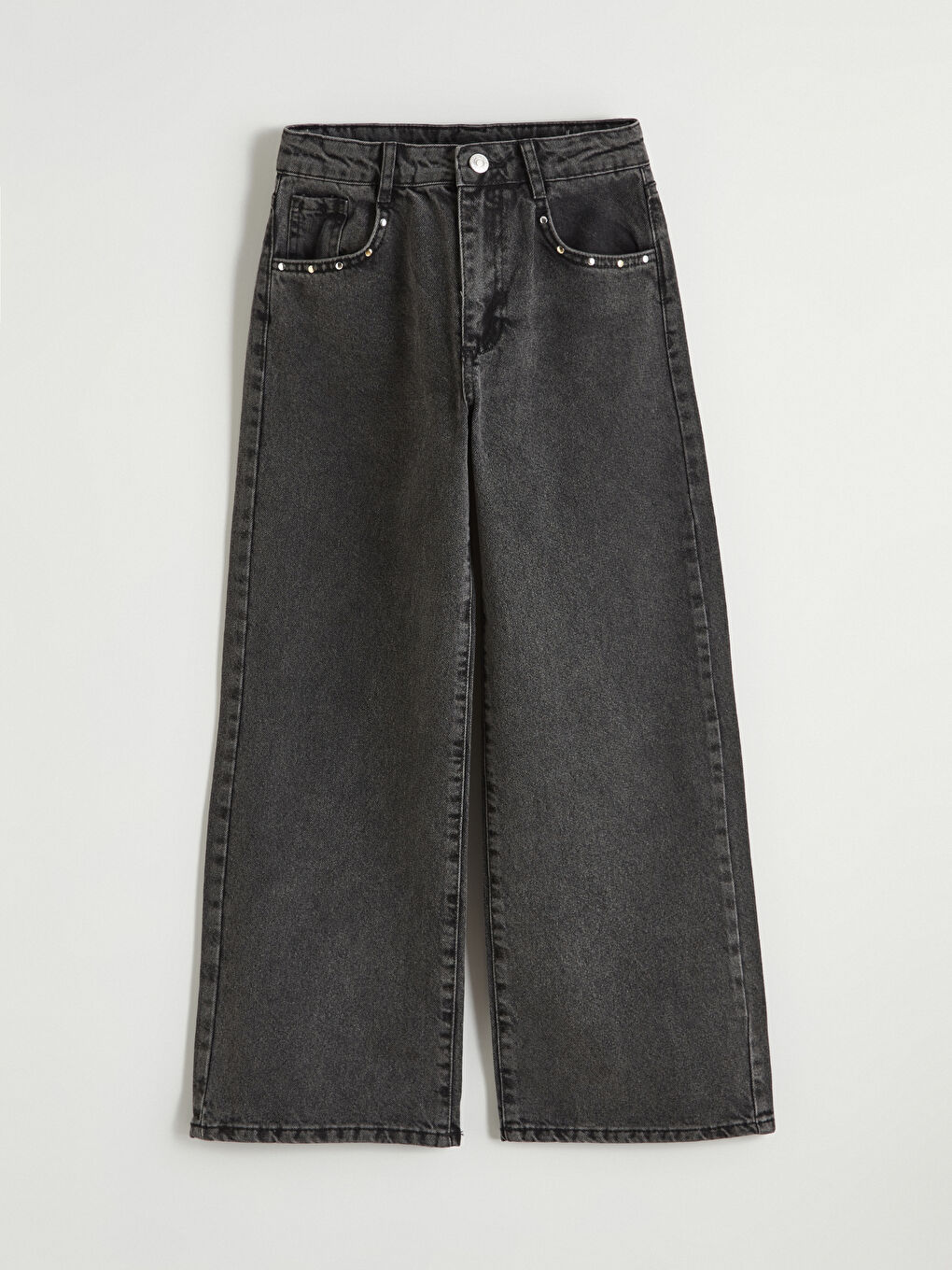 Siyah Wideleg Taşlı Kız Çocuk Jean Pantolon