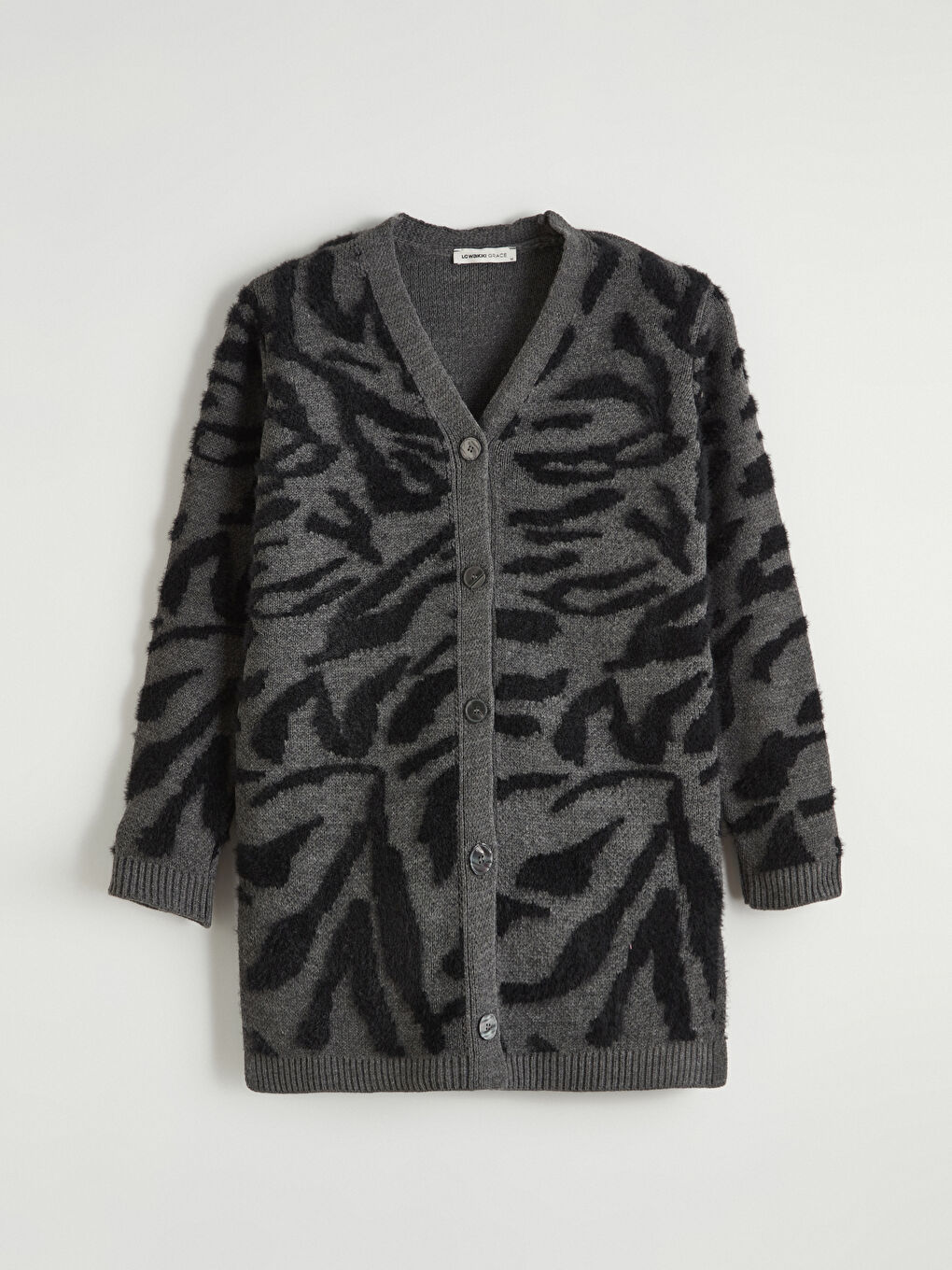 Siyah V Yaka Desenli Kadın Triko Hırka