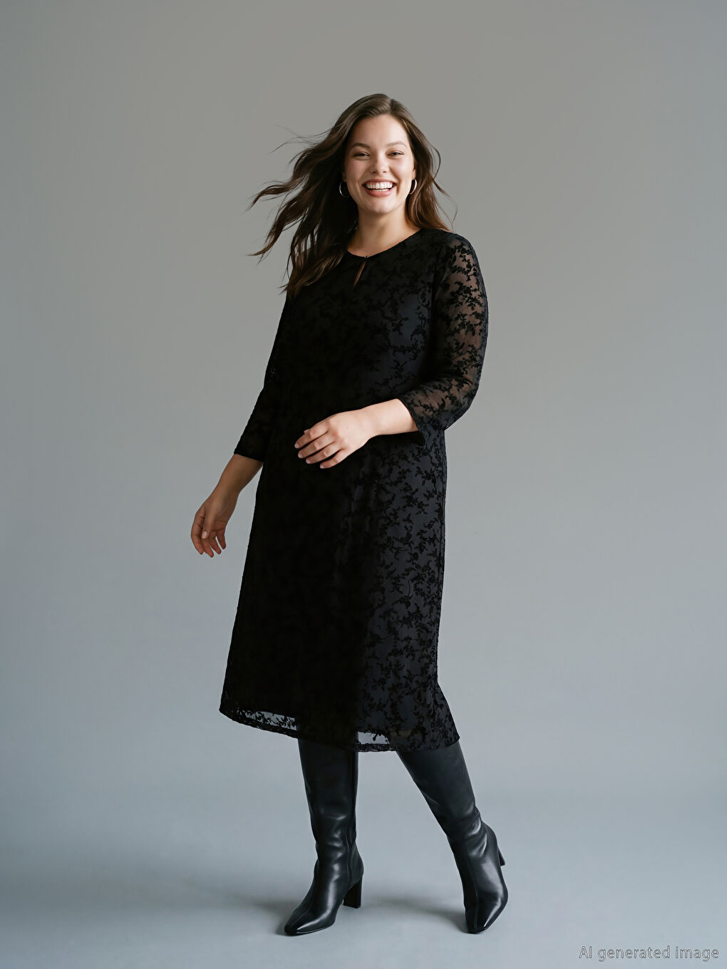 Siyah Bisiklet Yaka Çiçekli Elbise