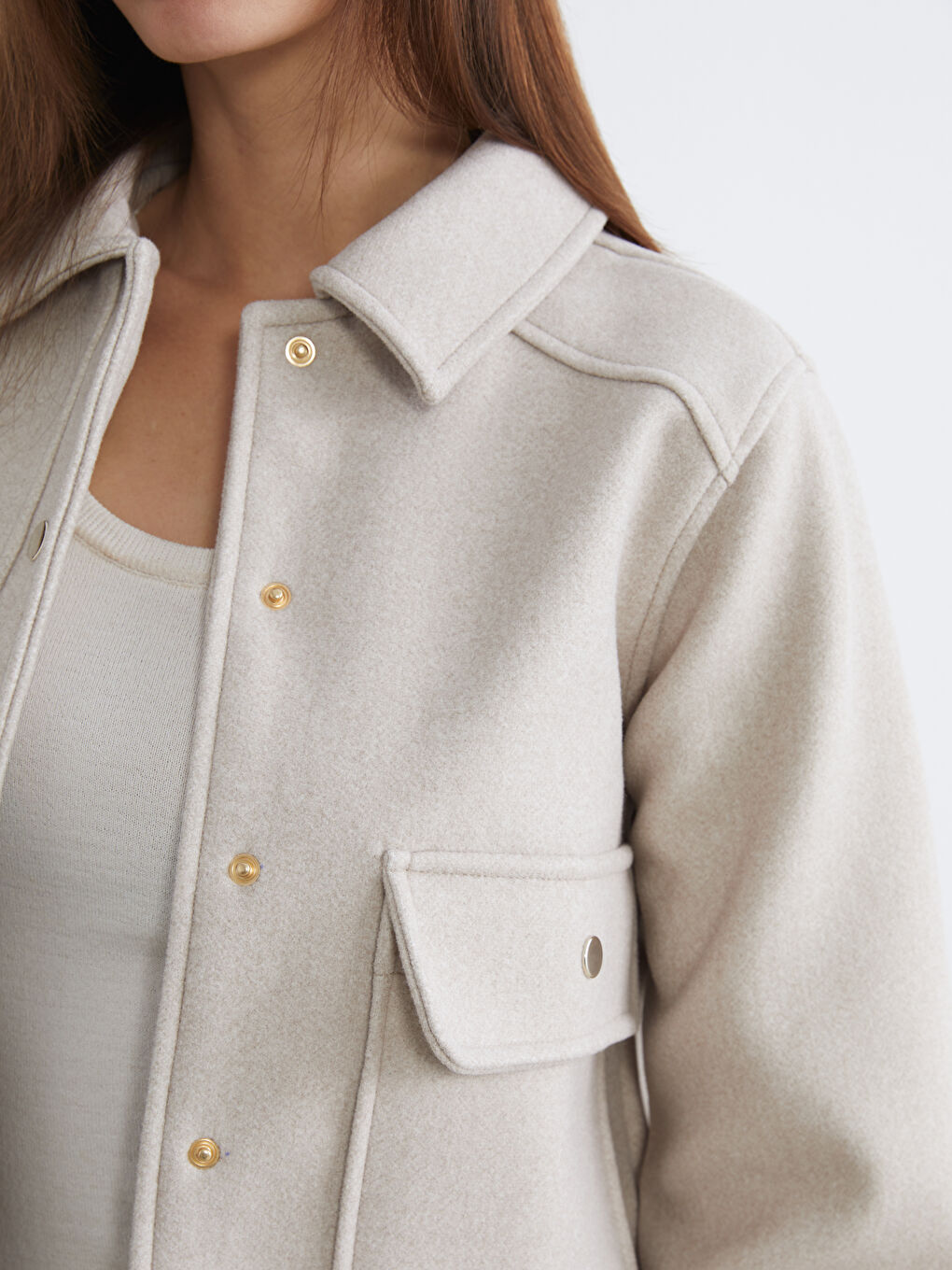 Bej Gömlek Yaka Kadın Kaşe Ceket-2