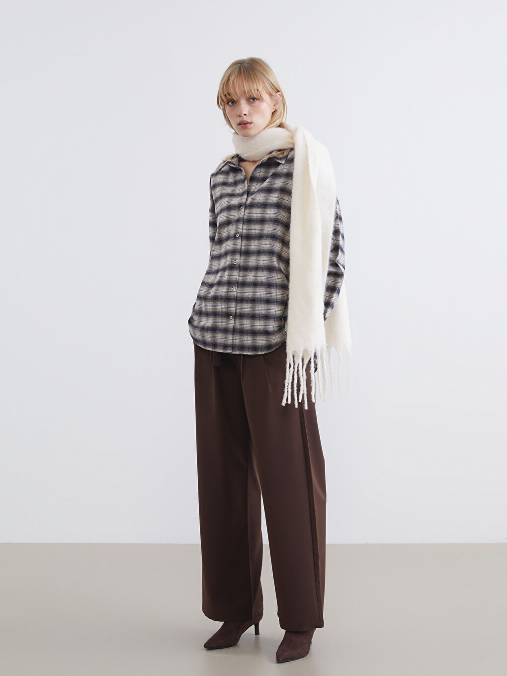 Kahverengi Ekose Oversize Kadın Oduncu Gömlek-1