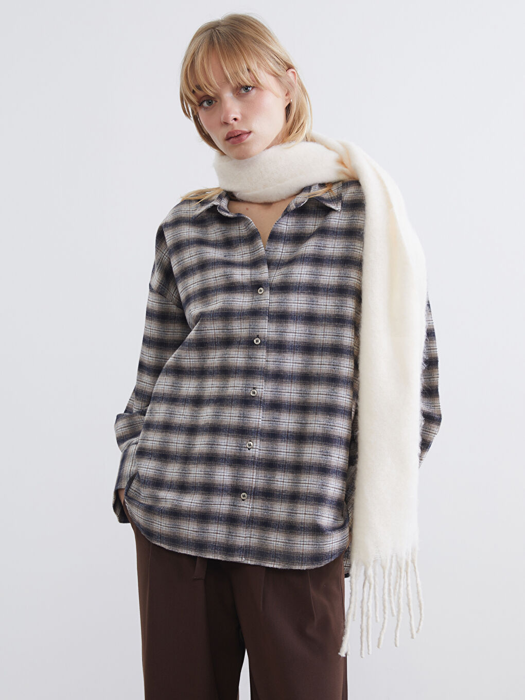 Kahverengi Ekose Oversize Kadın Oduncu Gömlek-2