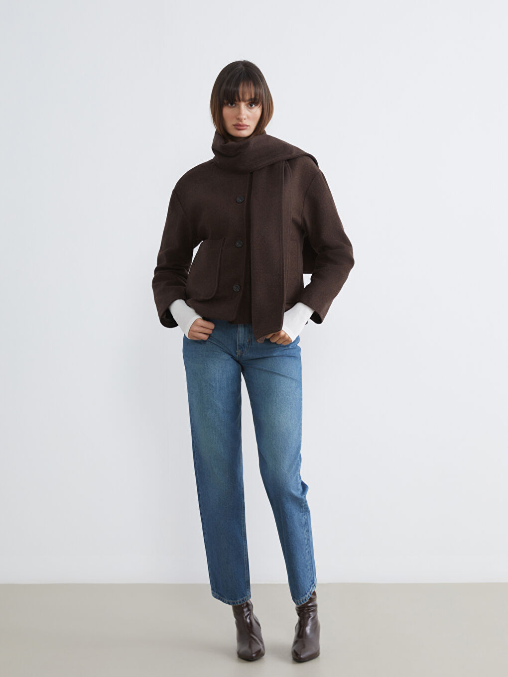 Kahverengi Yün Karışımlı Atkılı Kadın Kaşe Ceket-1