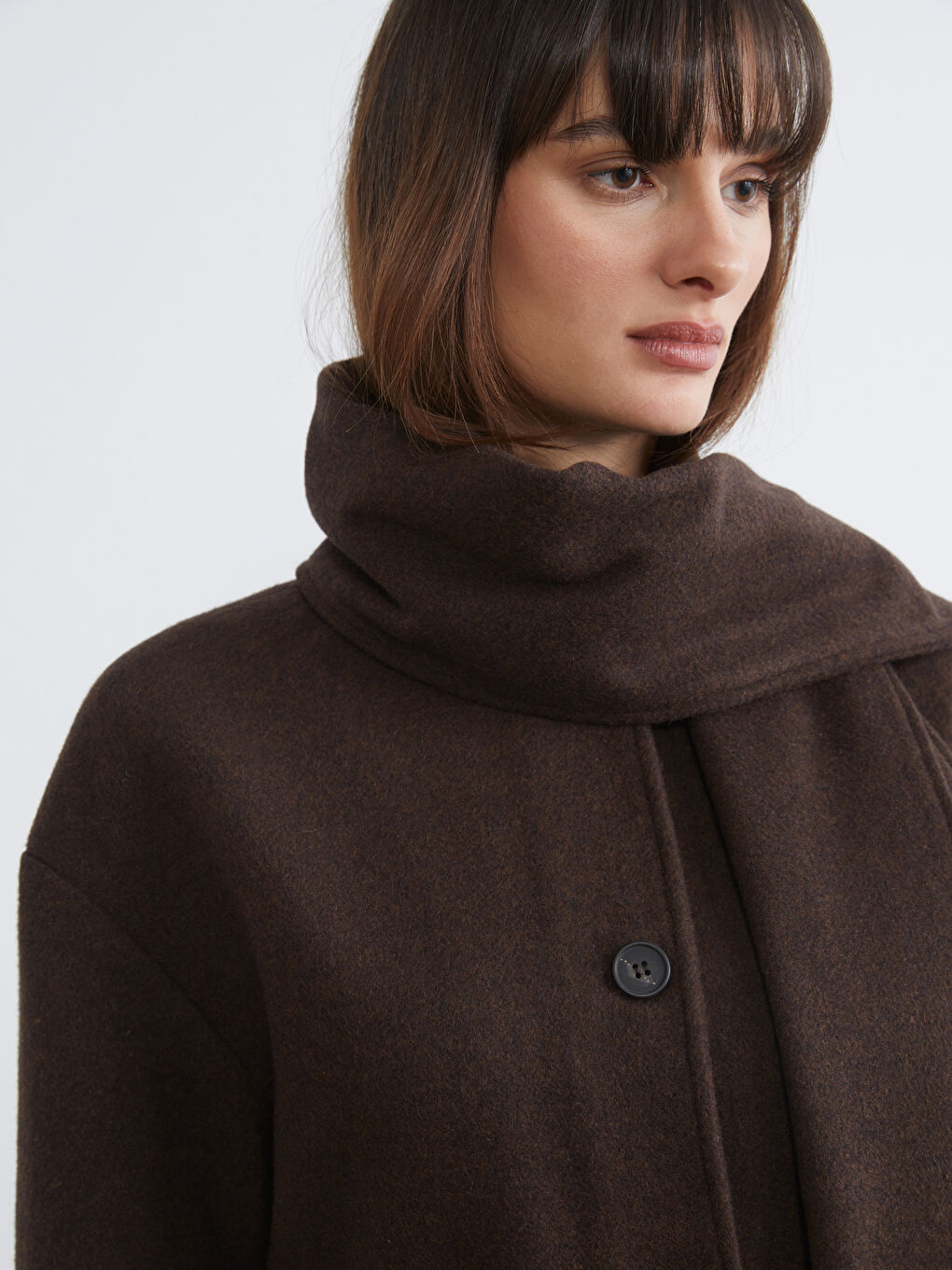 Kahverengi Yün Karışımlı Atkılı Kadın Kaşe Ceket-2