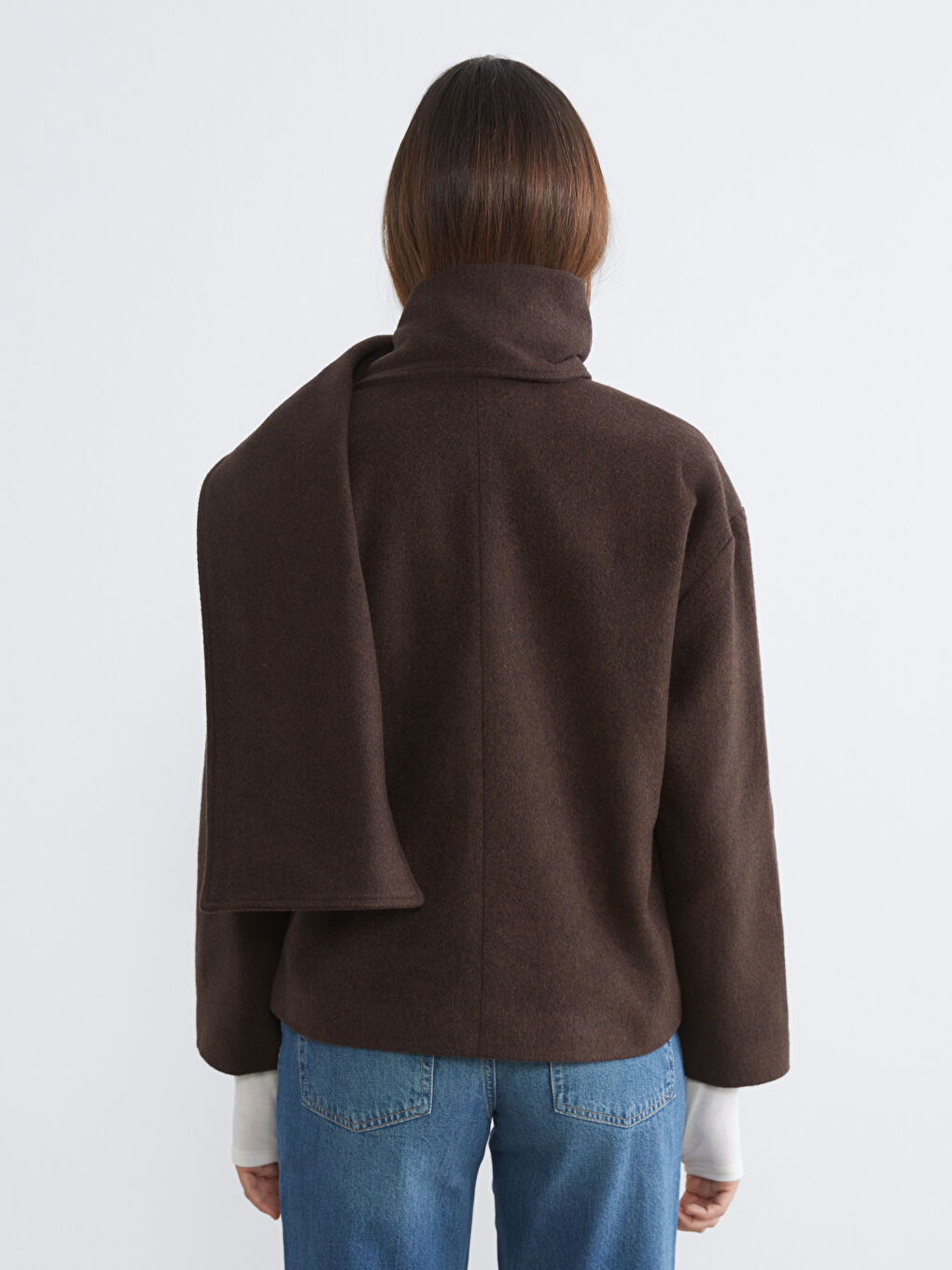 Kahverengi Yün Karışımlı Atkılı Kadın Kaşe Ceket-4