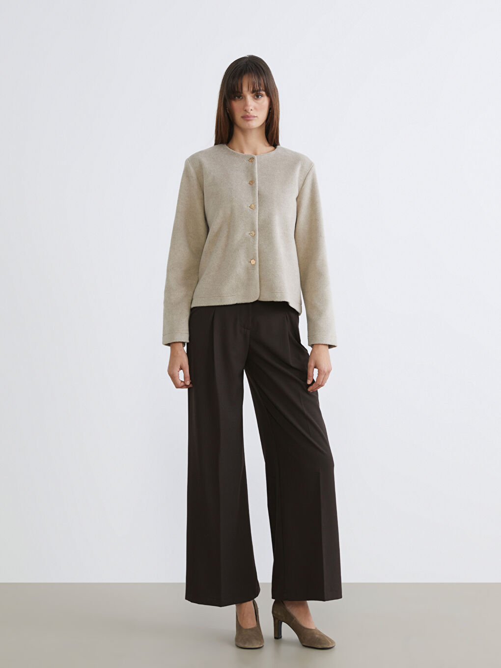 Kahverengi Bisiklet Yaka Kadın Kaşe Ceket-1