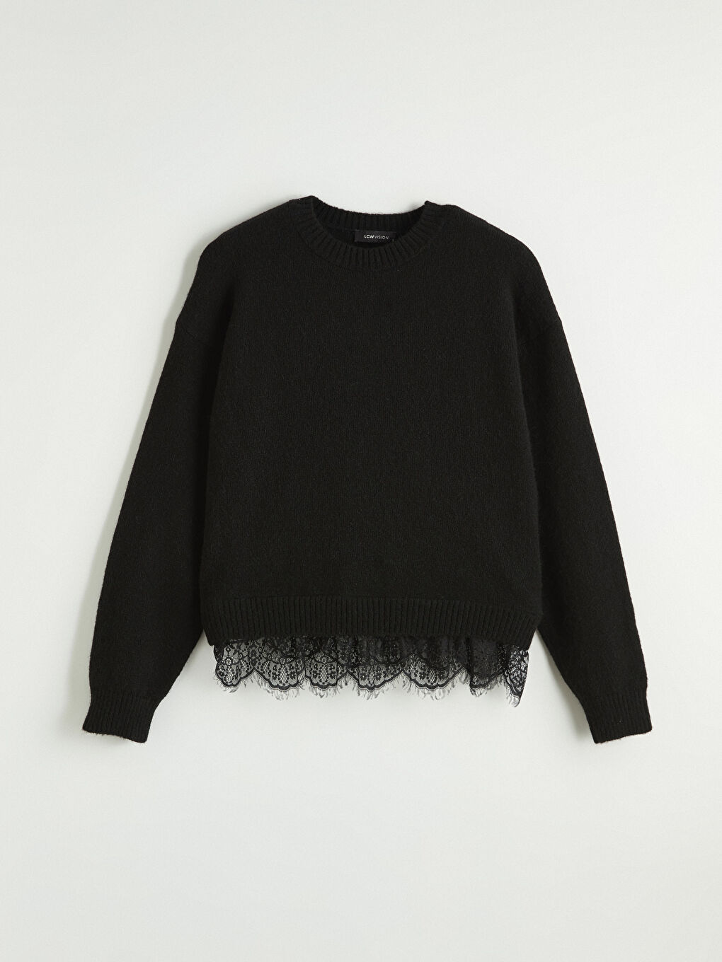 Siyah Bisiklet Yaka Dantel Detaylı Kadın Triko Kazak	