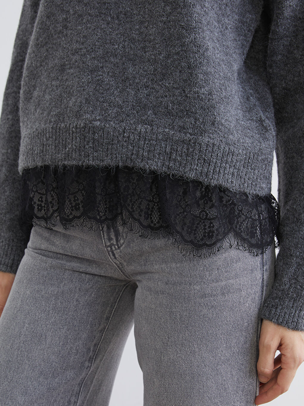 Elevate your style with our crew neck knit sweater, delicately accented with lace.-7