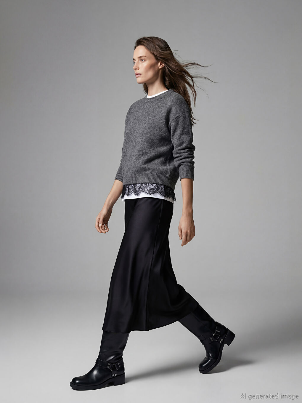 Elevate your style with our crew neck knit sweater, delicately accented with lace.