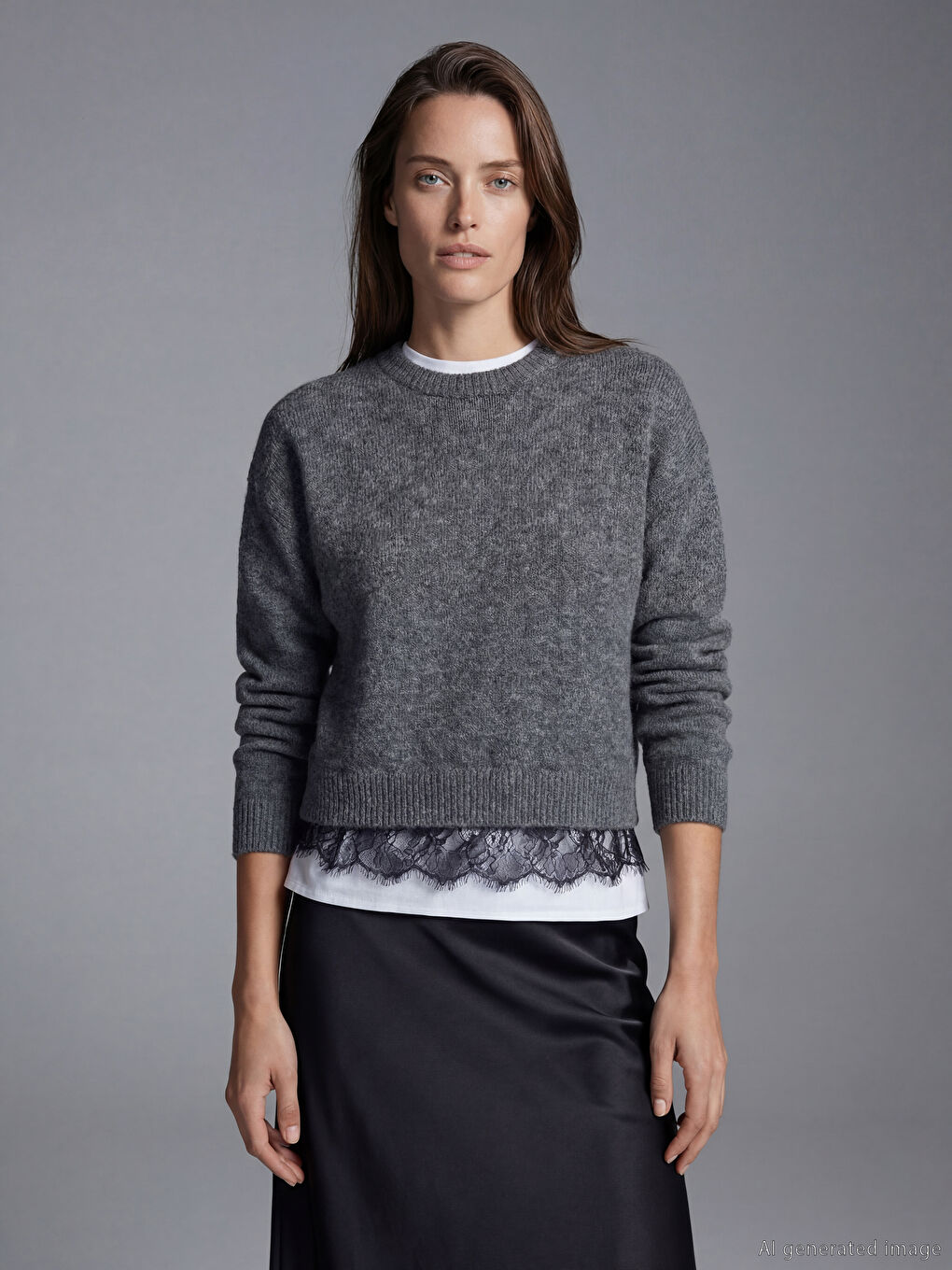 Elevate your style with our crew neck knit sweater, delicately accented with lace.-2