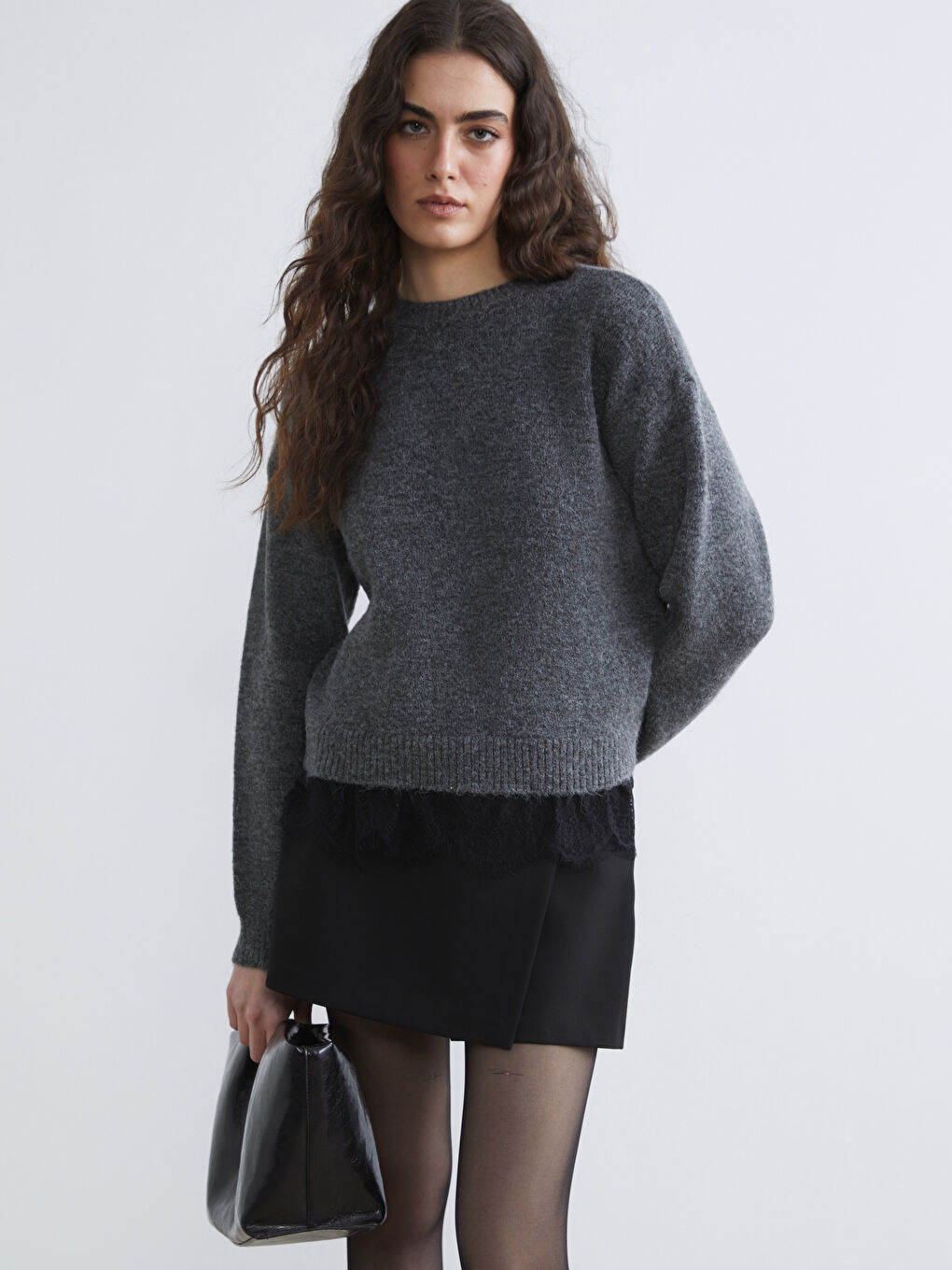 Elevate your style with our crew neck knit sweater, delicately accented with lace.-1