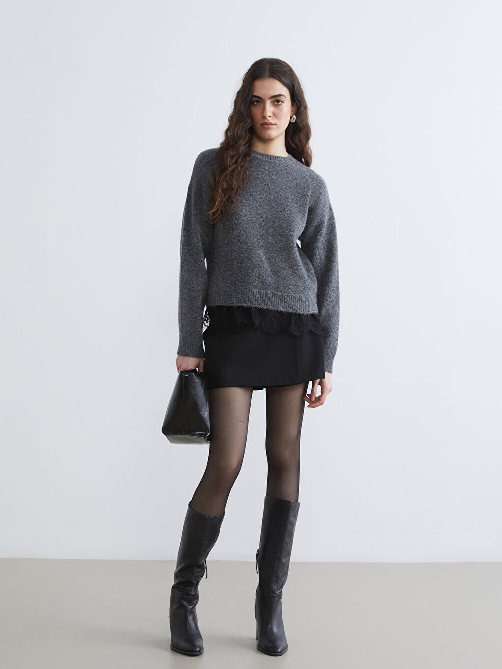 Elevate your style with our crew neck knit sweater, delicately accented with lace.-4