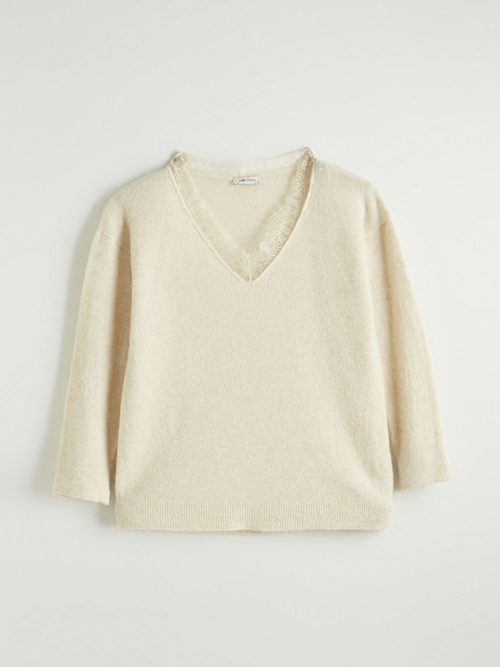 Ekru V Yaka Dantel Detaylı Oversize Kadın Triko Kazak-8