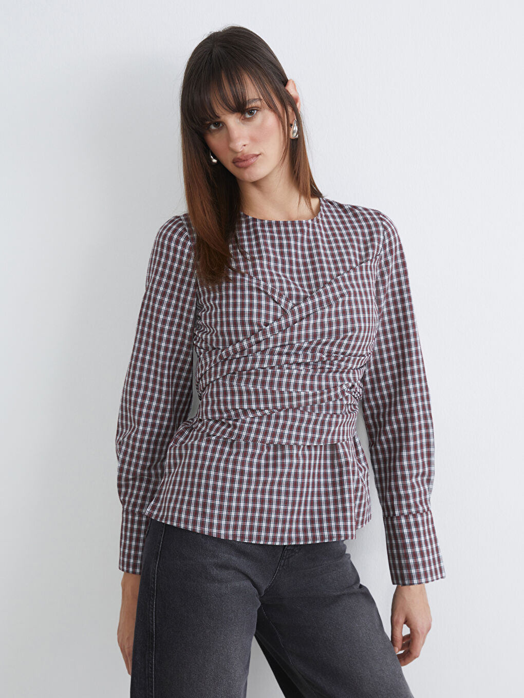 Bordo Bisiklet Yaka Ekose Büzgülü Bluz