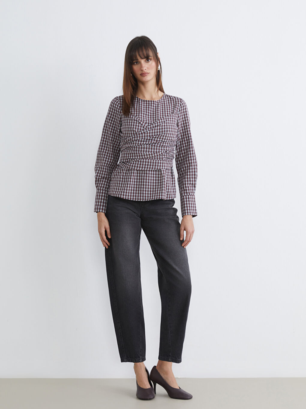 Bordo Bisiklet Yaka Ekose Büzgülü Bluz-1