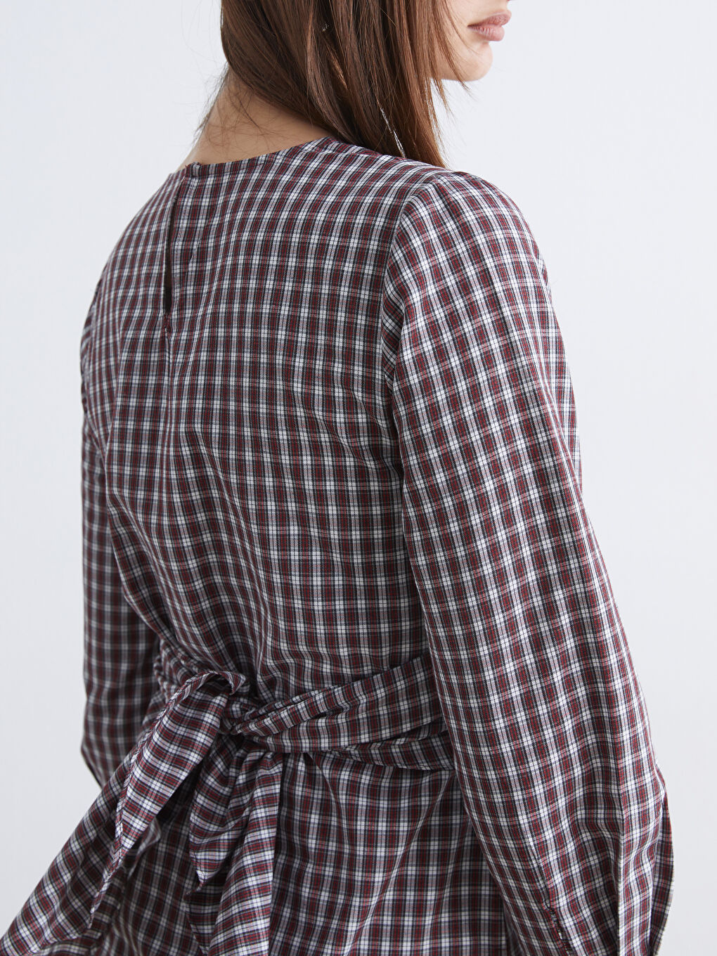 Bordo Bisiklet Yaka Ekose Büzgülü Bluz-2