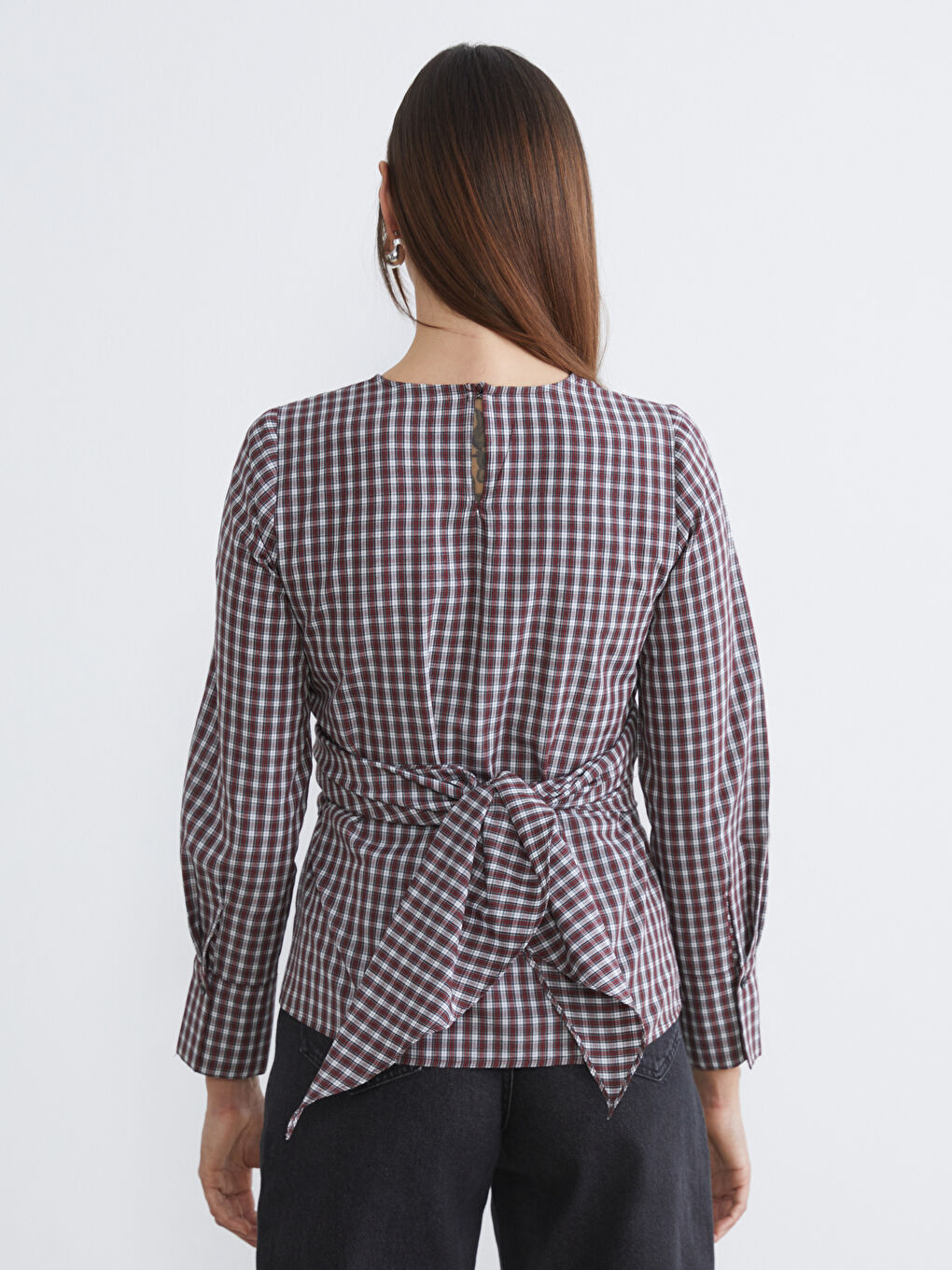 Bordo Bisiklet Yaka Ekose Büzgülü Bluz-3