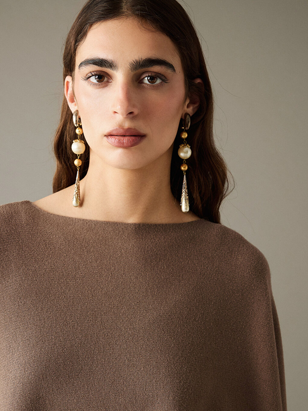 Bej Bisiklet Yaka Oversize Kadın Triko Panço-2