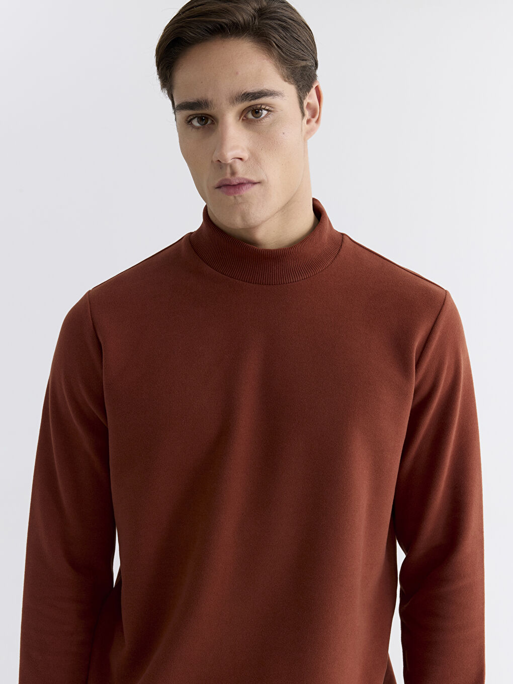 Kahverengi Dik Yaka Erkek Sweatshirt