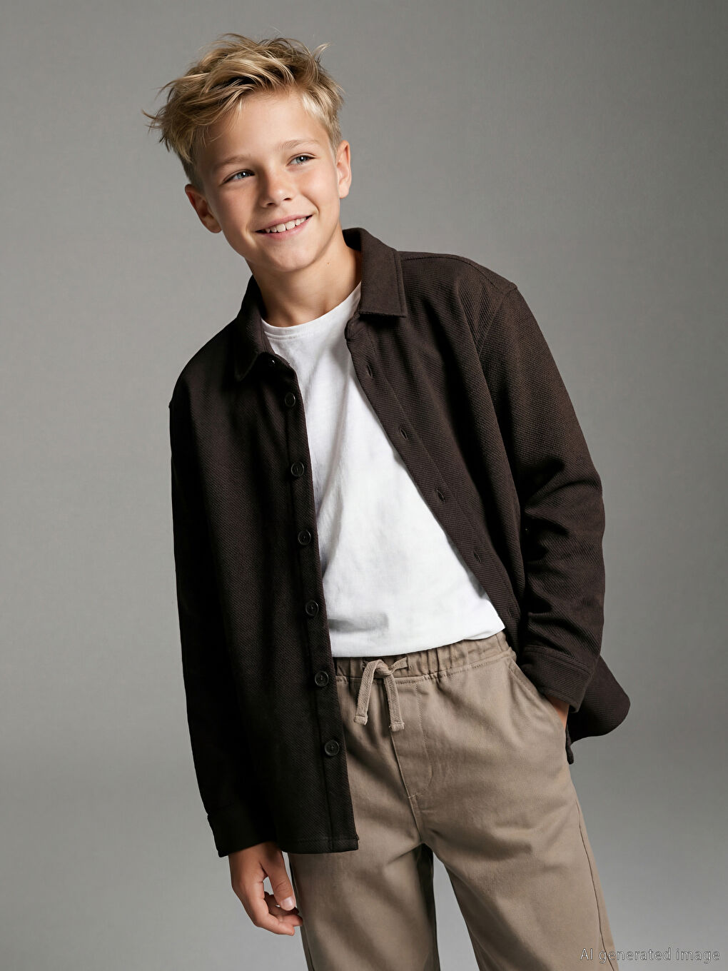 Kahverengi Basic Uzun Kollu Erkek Çocuk Gömlek